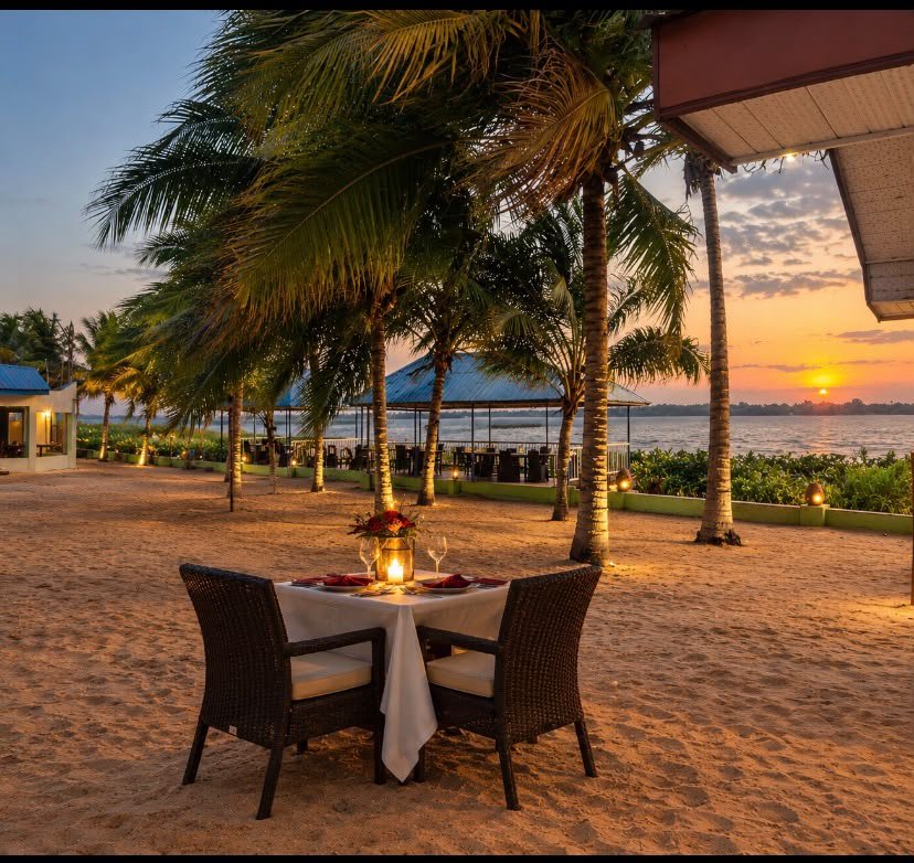 Romantic candlelit riverside dinner at sunset